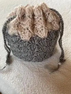 ハンドメイド巾着　毛糸手編み巾着袋 グレー ベージュ