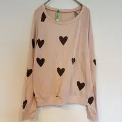 ハート柄ピンク長袖Tシャツ S カジュアル リラックス ロング ドルマンスリーブ