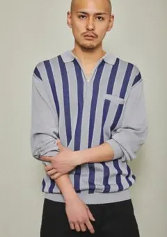 【美品】WHIMSY ストライプ ニットポロシャツ L ネイビー ハーフジップのサムネイル