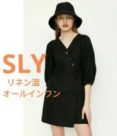 SLY スライ リネン混 パフスリーブ オールインワン黒M　ショートパンツタイプのサムネイル