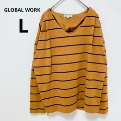 グローバルワーク マスタード ストライプ 長袖Tシャツ vネック ボーダー