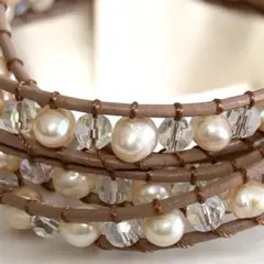 淡水パール レザーラップ3〜4連ブレスレット 約70cm