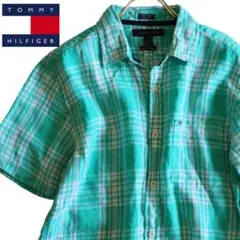 【TOMMY HILFIGER】美品　麻100% 半袖シャツ　緑チェック　M★