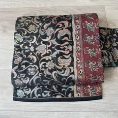 【正絹】名古屋帯 黒地 唐花 唐草文様 金糸 六通 348cm