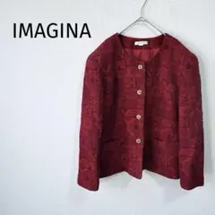 【イマジナ】ノーカラージャケット L 長袖 総柄 ウール混み 赤 レッド 秋冬