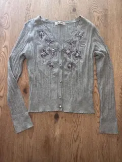 グレー 花柄刺繍 長袖カーディガン