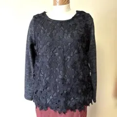 SUNNARZE 黒い花柄レース長袖フリースTシャツ　カットソー　M〜Lサイズ