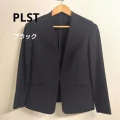 ✨美品✨PLSTブラック黒 ノーカラージャケット フラップポケット裏地無し春夏