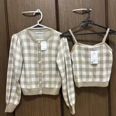 新品タグ付き　ギンガムチェック　ベージュ　カーディガン&キャミソールセット　M
