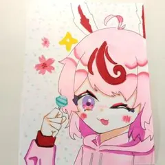 手描きイラスト 原画 女の子 桜 和風 春 ピンク 髪リボン アナログ色紙