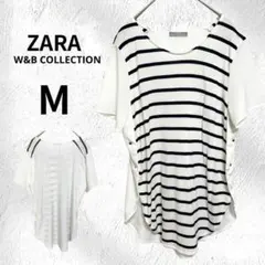 ZARA ボーダー M レディース カットソー 白 ネイビー 透け感 春夏