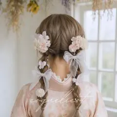 桜満開 髪飾り ホワイトリボン／ツインテール 卒業式 成人式 ウェディング ㉖