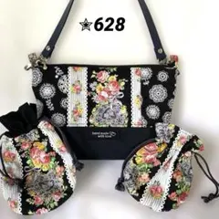 ✮628 花柄ポーチ(ミニストラップ付)、巾着、ミニ巾着3点セット　ハンドメイド