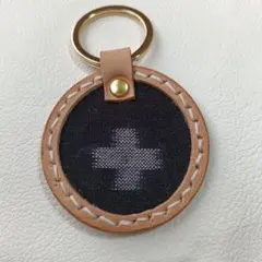 ハンドメイド キーリング ヌメ革 十字柄　久留米絣
