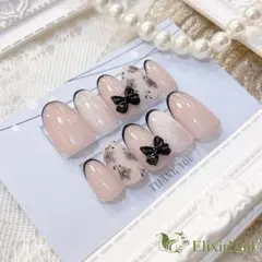 ネイルチップ ピンク 黒フレンチ 花 リボン
