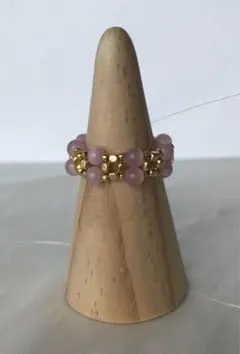 天然石　ピンクキャッツアイとメタルビーズの二段編みリング　約12〜13号