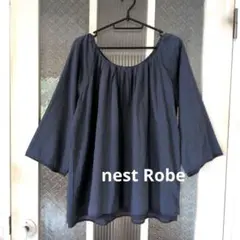 nest Robe フレアブラウス 5分袖　コットン ネイビー　かぐれ　フリー