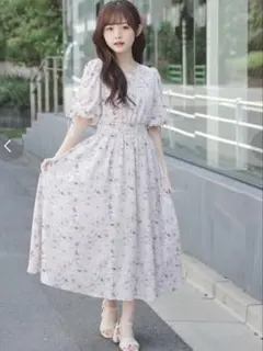 COLZA ハニーズ　ロングワンピース　花柄　パフスリーブ　薄ピンク　m