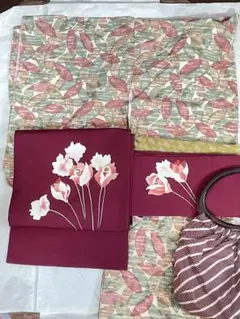 お値下げ！名古屋帯　ワインレッド　花柄