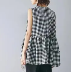 ノースリーブ　チュニック　フレア　ペプラム　チェック　フリル　Aライン　夏　韓国