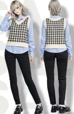 Helm ハウンドトゥース ニットベスト Vネック モノトーン L