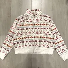 総柄　フリース　ジャケット　ハーフジップ　白　L