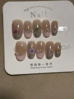 花柄ラメ付きネイルチップ ショートオーバルS