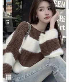 ◼️新品未使用◼️GRL ボーダー柄シャギーニットトップス[at2370]ブラウン