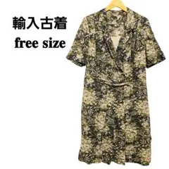 一点物❣️ 花柄 Vネック 半袖 ひざ丈 ワンピース 海外 輸入 古着