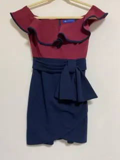 オフショルダー フリル ナイトドレス 赤ネイビー