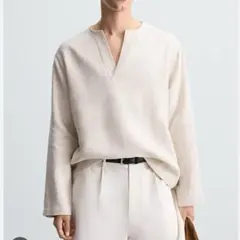 ZARA リネンブレンドシャツ M ベージュ ザラ　 スキッパー