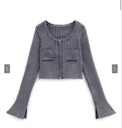 【未着用品】スリットフレアスリーブジップブリーチニットカーディガン ブルー