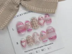 844.現品ネイルチップ　ちぐはぐピンク個性派夢かわいい原宿ネイル