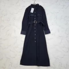 新品✨ZARA ミディ丈シャツワンピース ロングワンピース ロング ネイビーL