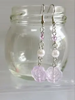 #155 ハンドメイド ピアス イヤリング パール風アクリルビーズ 花 紫