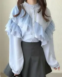 フリル ブラウス サックスブルー 長袖シャツ チュール　Ｍサイズ　春ブラウス