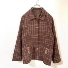 チェック柄ジャケット ブラウン 前ボタンゆったり レトロ 個性派