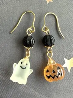 ①ハロウィン黒チェコビーズお化けカボチャピアスイヤリング