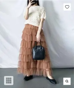 【新品未使用】チュールフリルボリュームスカート ブラウン ウエストゴム エアリー