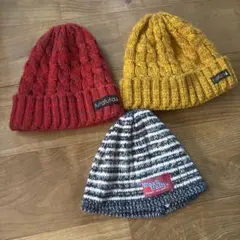 ニット帽 3点セット 赤 黄色 ストライプ 48cm