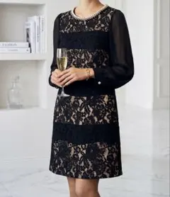 グレースクラス 総レース　シルク　首元ビジューワンピース 黒 M