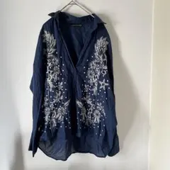 ZARA WOMAN　ザラ　ブラウス　薄手　花柄刺繍　スキッパー　ブルー