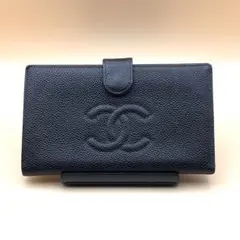 シャネル 二つ折り 長財布 ブラック ゴールド金具 A13498 キャビアスキン