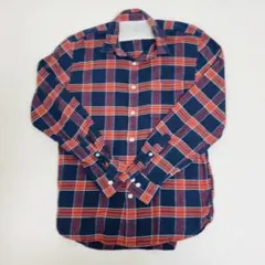 中古　無印良品　ネイビーオレンジチェック柄長袖ネルシャツ L