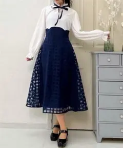 【アクシーズファム】シアーチェックドッキングワンピース　白×紺