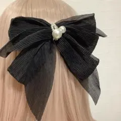 シフォンリボン　パール付き　バレッタ　ヘアクリップ　大人可愛い　ヘアアクセサリー