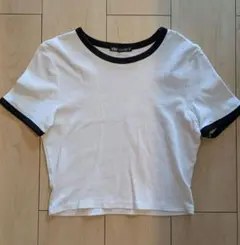 ZARA クロップド丈 リンガーTシャツ ホワイト ブラック