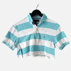 ヴィンテージ品★トミーヒルフィガー ブルーボーダークロップドポロシャツ ショート