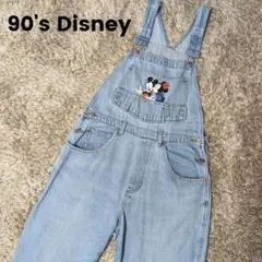 90's Disney USA製 ミッキー＆ミニー刺繍 デニムオーバーオールM
