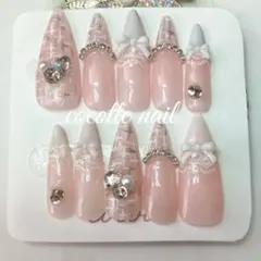 【05】ネイルチップ 量産型 フレンチガーリー 推し活 春 レース×ツイード